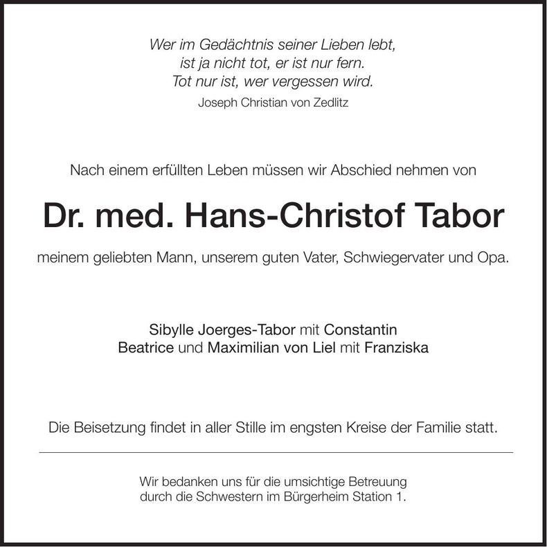 Traueranzeige Hans-Christof Tabor