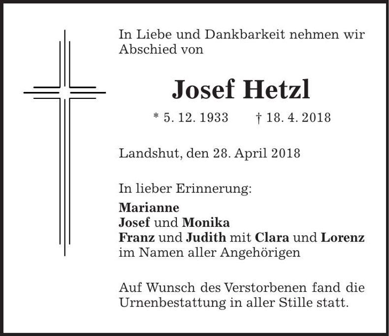 Traueranzeige Josef Hetzl