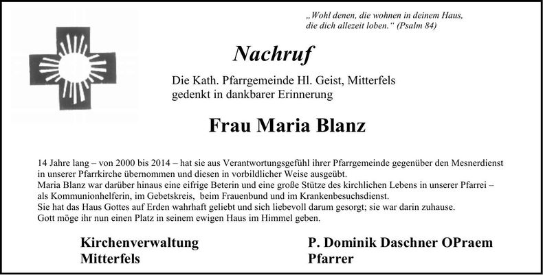 Traueranzeige Maria Blanz