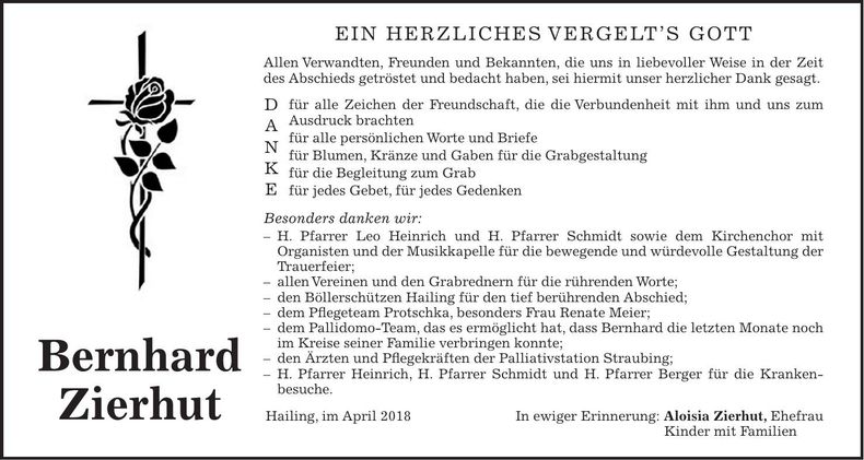 Traueranzeige Bernhard Zierhut