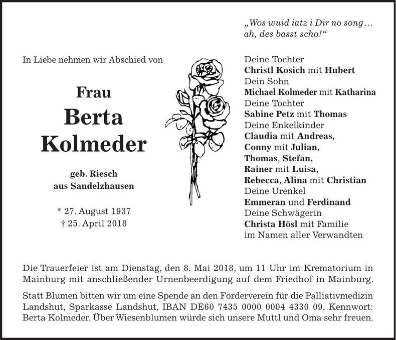 Traueranzeige Berta Kolmeder