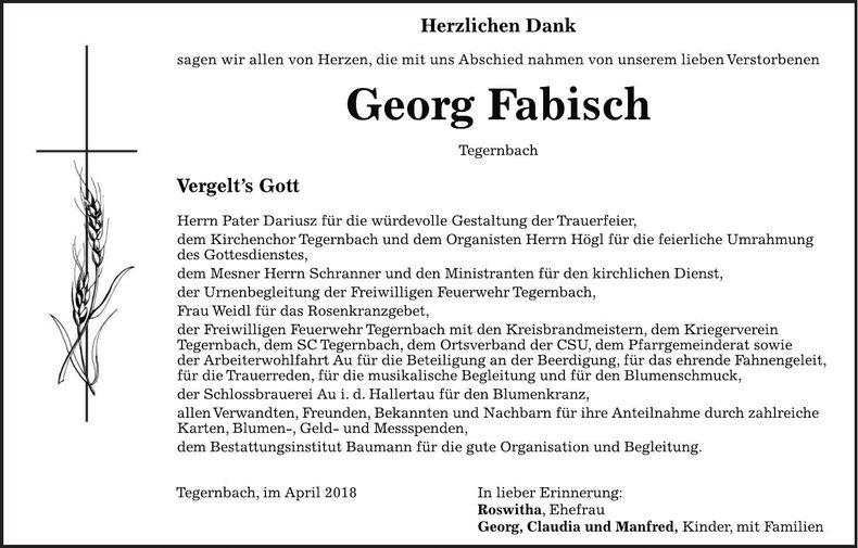 Traueranzeige Georg Fabisch