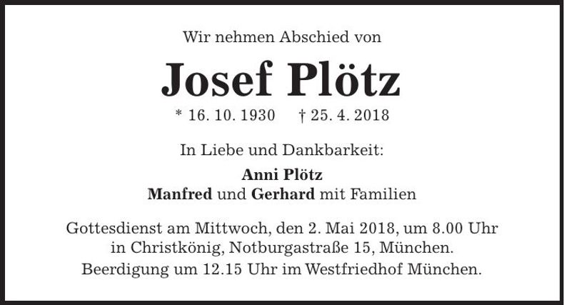 Traueranzeige Josef Plötz