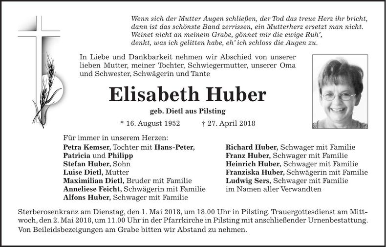 Traueranzeige Elsabeth Huber