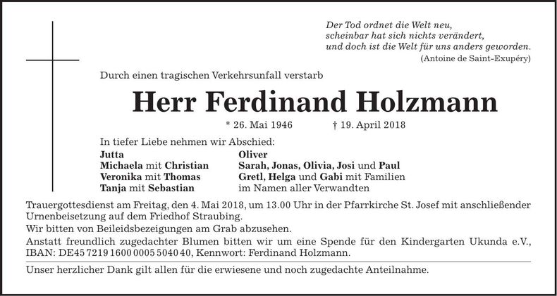 Traueranzeige Ferdinand Holzmann