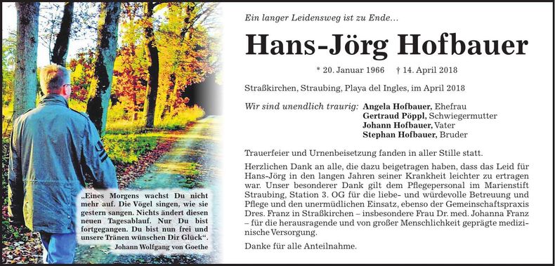 Traueranzeige Hans-Jörg Hofbauer