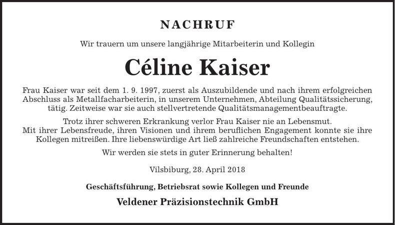 Traueranzeige Céline Kaiser