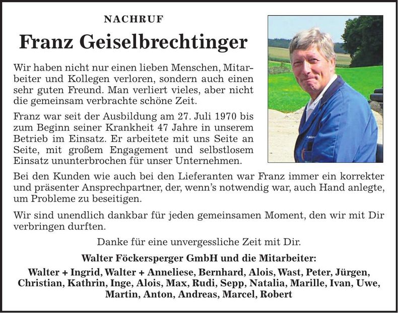 Traueranzeige Franz Geiselbrechtinger
