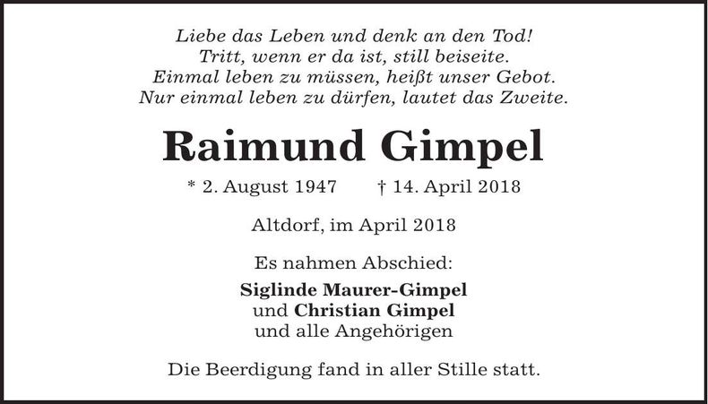 Traueranzeige Raimund Gimpel