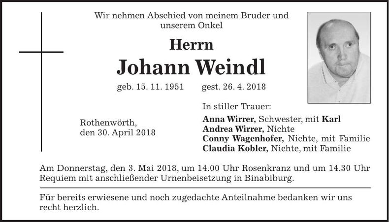 Traueranzeige Johann Weindl
