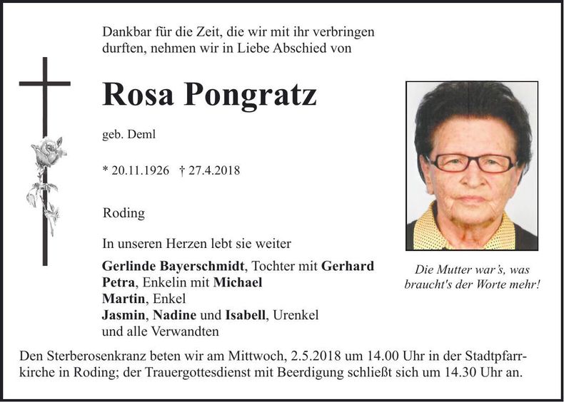 Traueranzeige Rosa Pongratz