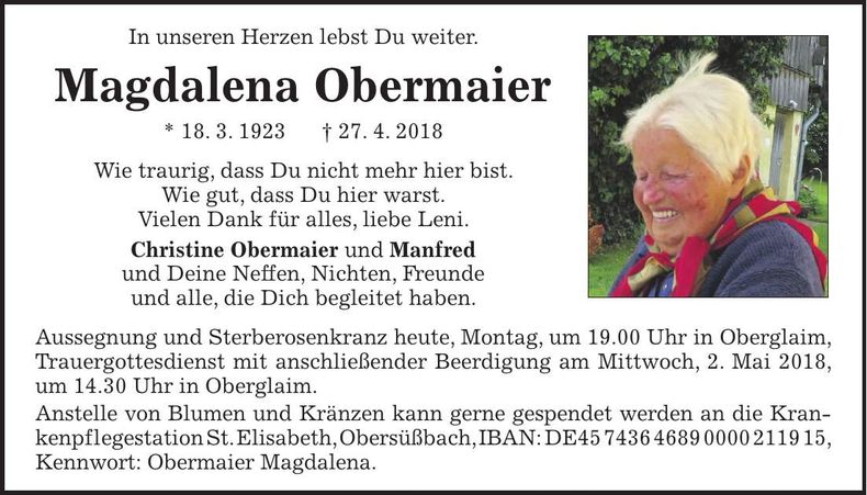 Traueranzeige Magdalena Obermaier