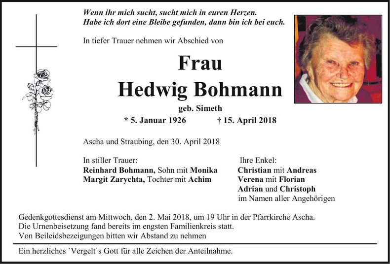 Traueranzeige Hedwig Bohmann