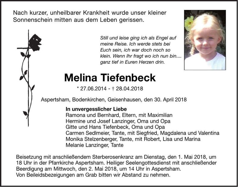 Traueranzeige Melina Tiefenbeck