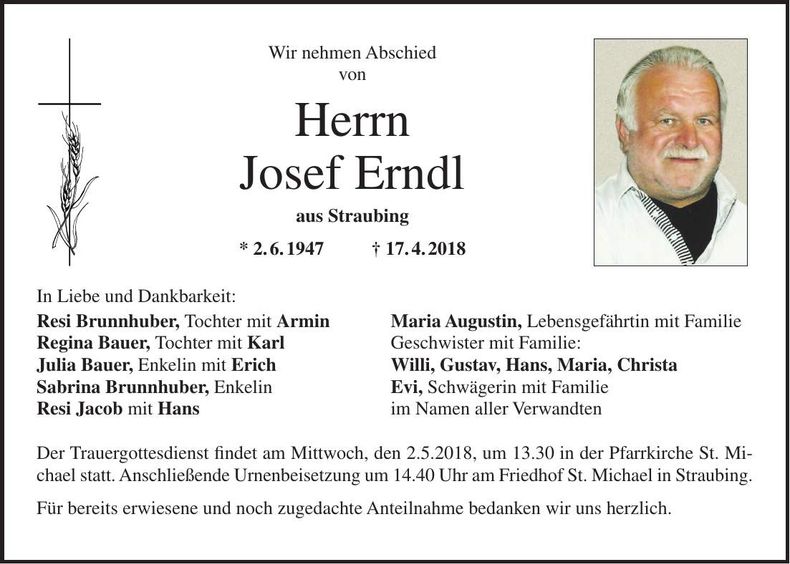 Traueranzeige Josef Erndl