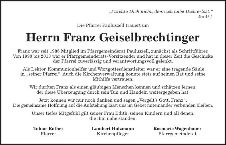 Traueranzeige Franz Geiselbrechtinger