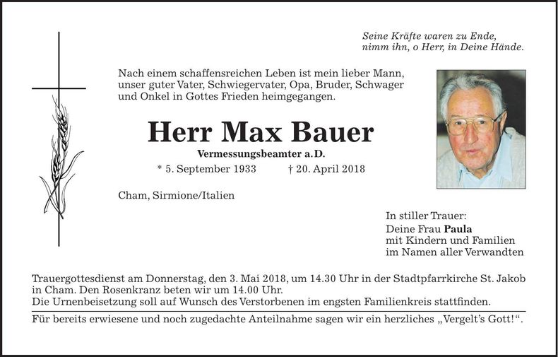 Traueranzeige Max Bauer