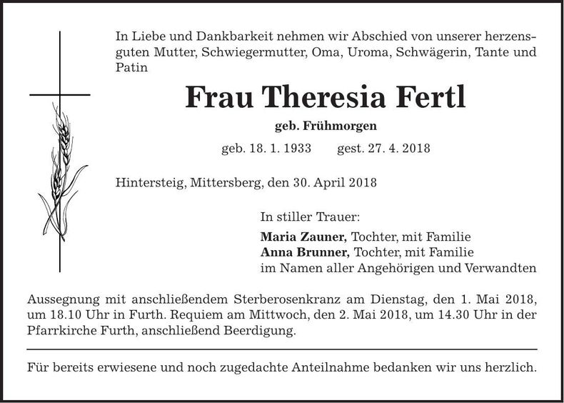 Traueranzeige Theresia Fertl