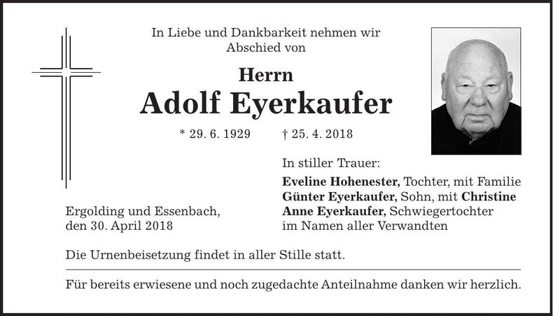 Traueranzeige Adolf Eyerkaufer