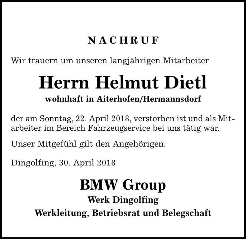 Traueranzeige Helmut Dietl
