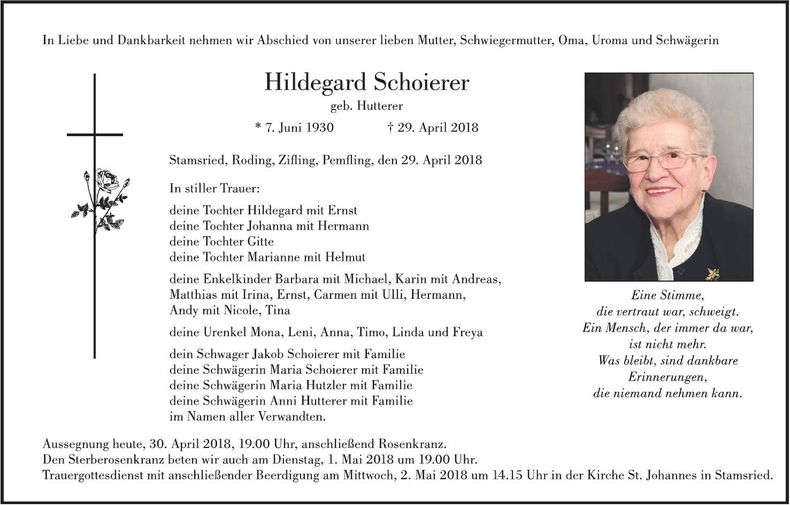 Traueranzeige Hildegard Schoierer