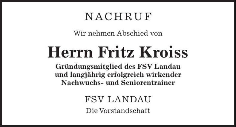 Traueranzeige Fritz Kroiss