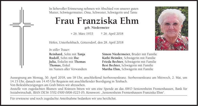 Traueranzeige Franziska Ehm