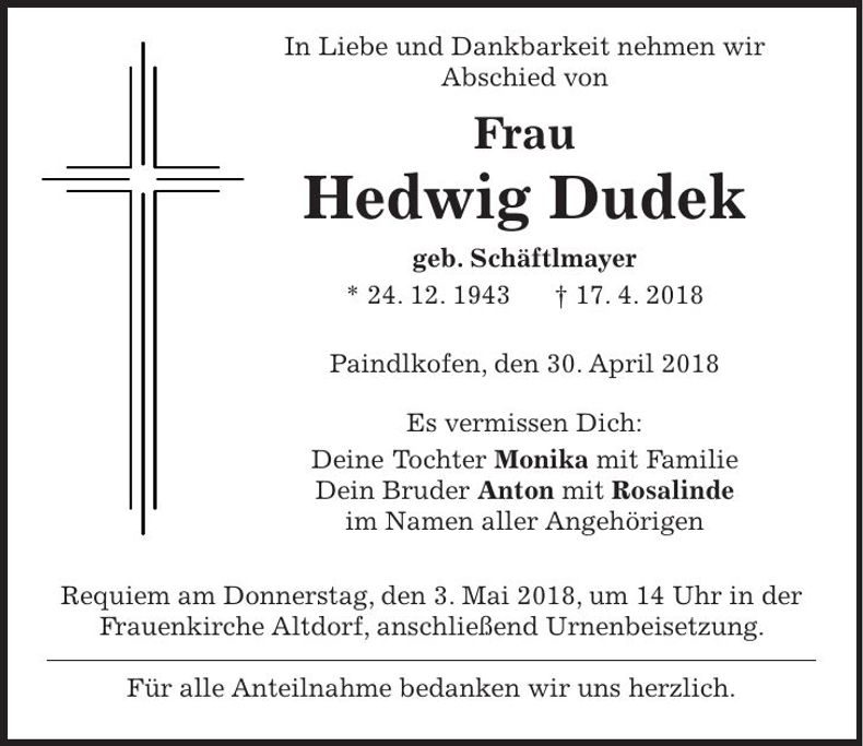 Traueranzeige Hedwig Dudek