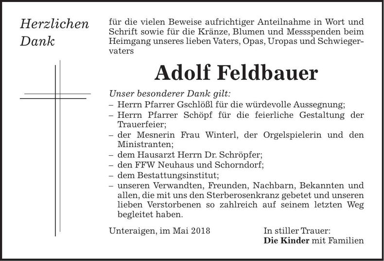 Traueranzeige Adolf Feldbauer