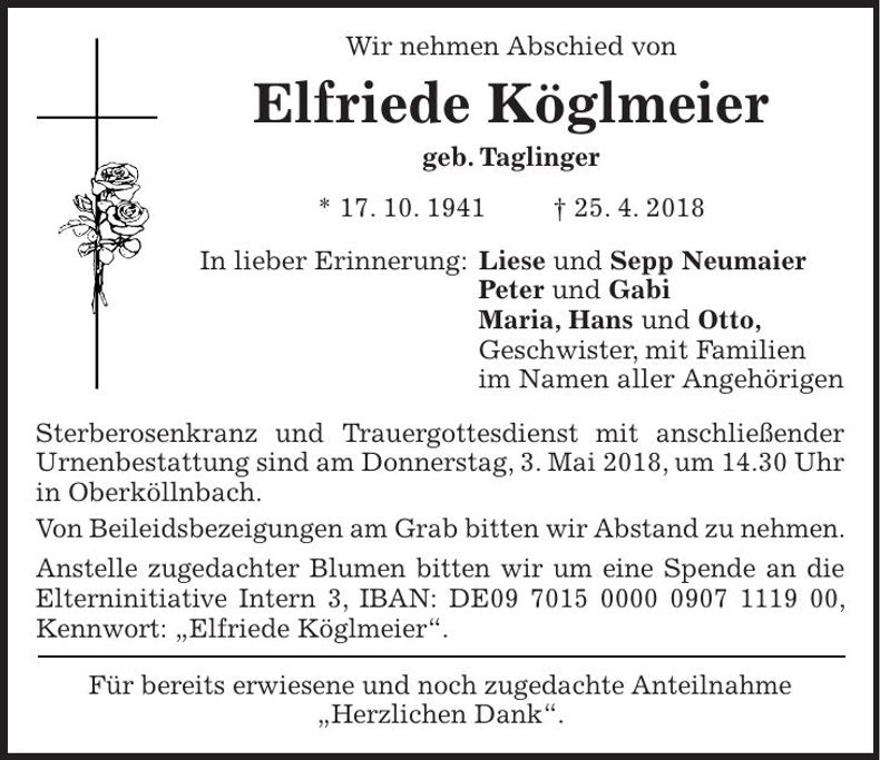 Traueranzeige Elfriede Köglmeier