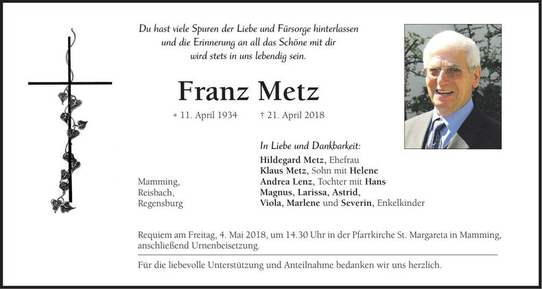 Traueranzeige Franz Metz