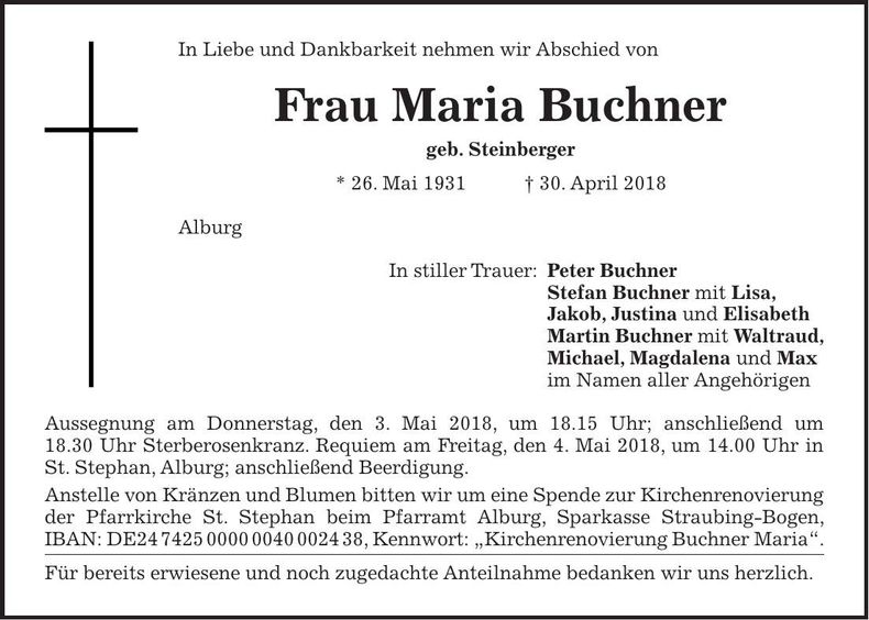 Traueranzeige Maria Buchner