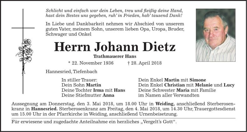 Traueranzeige Johann Dietz