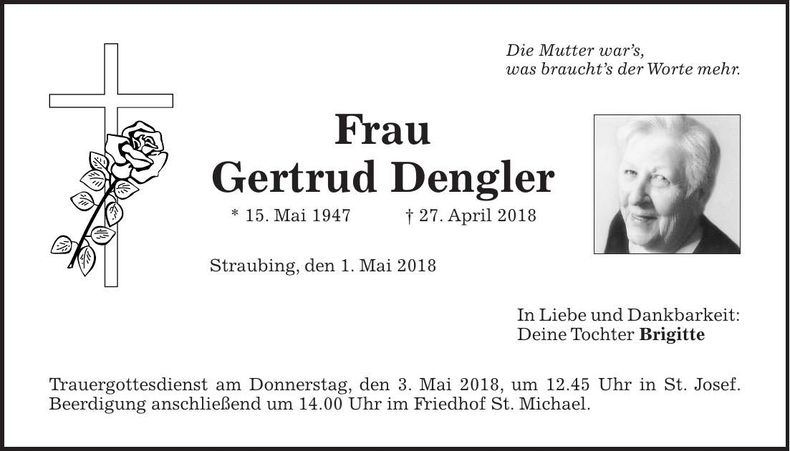 Traueranzeige Gertrud Dengler