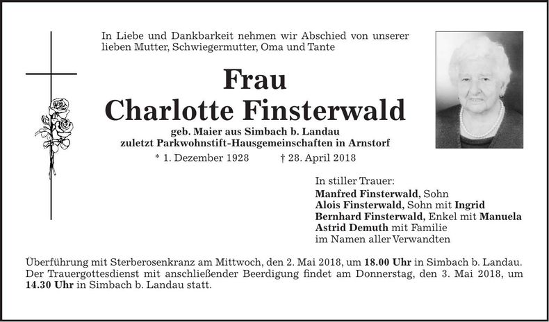 Traueranzeige Charlotte Finsterwald