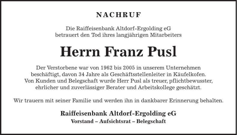 Traueranzeige Franz Pusl