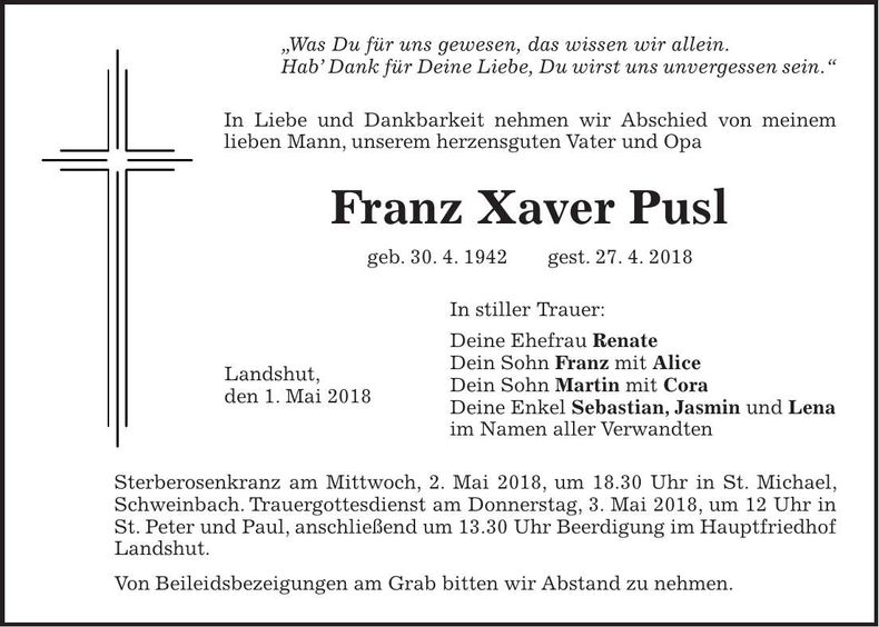 Traueranzeige Franz Xaver Pusl