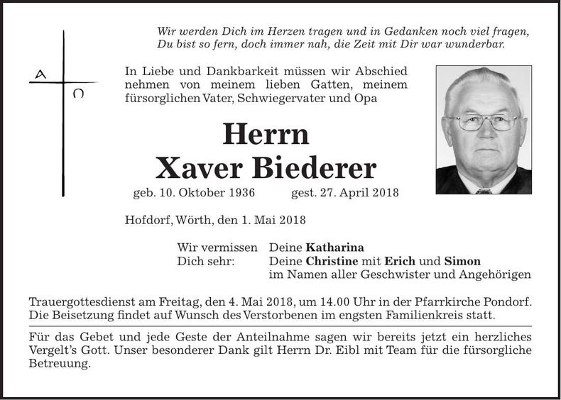Traueranzeige Xaver Biederer
