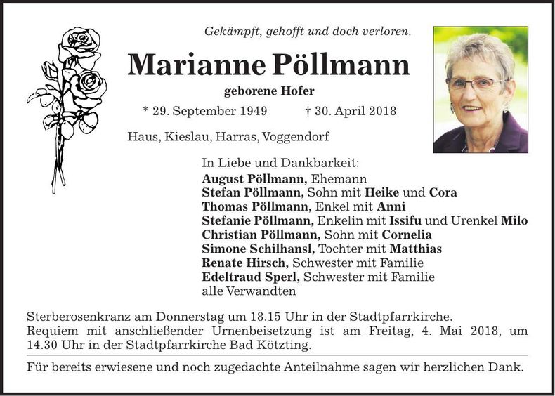 Traueranzeige Marianne Pöllmann