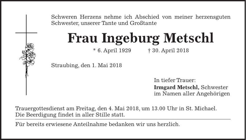 Traueranzeige Ingeburg Metschl