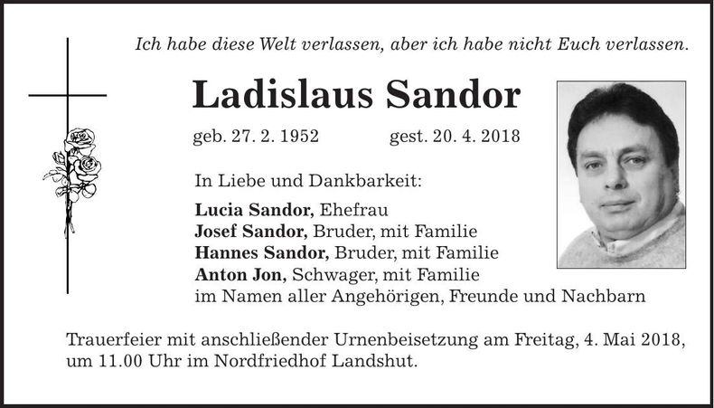 Traueranzeige Ladislaus Sandor