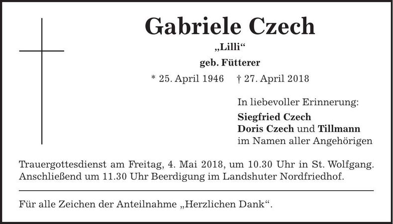 Traueranzeige Gabriele Czech
