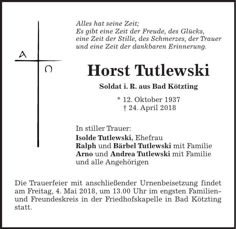 Traueranzeige Horst Tutlewski