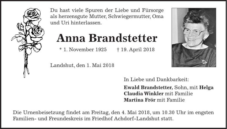 Traueranzeige Anna Brandstetter