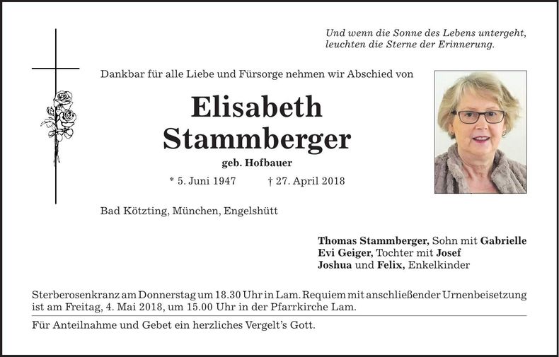 Traueranzeige Elisabeth Stammberger
