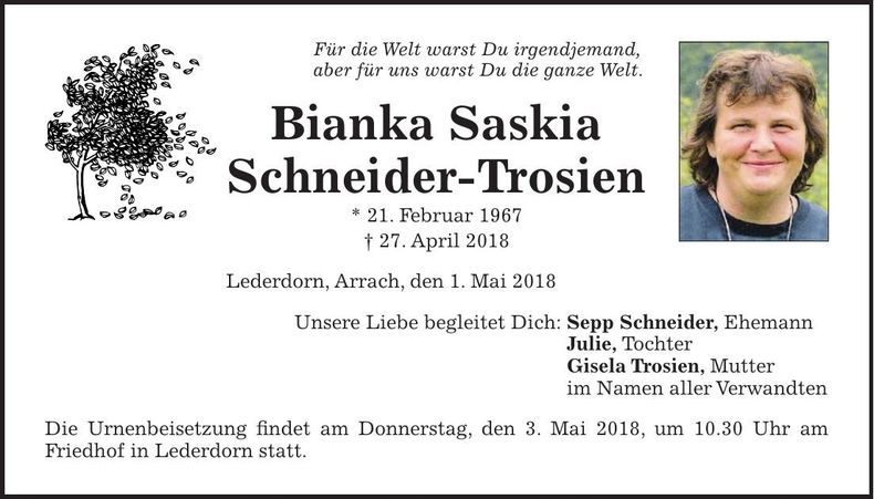 Traueranzeige Bianka Saskia Schneider-Trosien