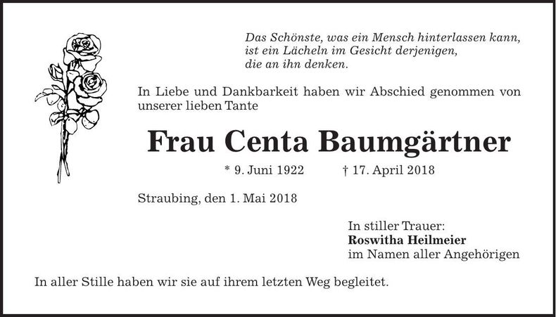 Traueranzeige Centa Baumgärtner