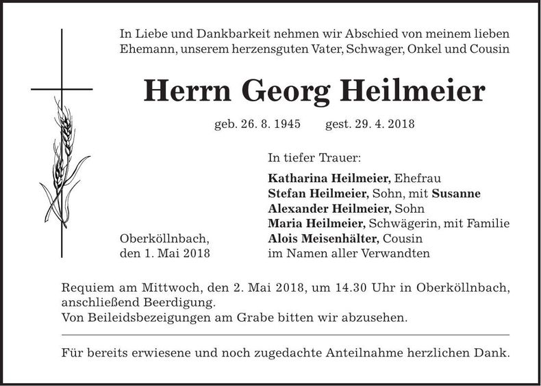 Traueranzeige Georg Heilmeier