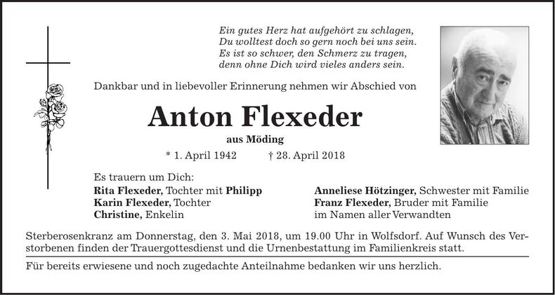 Traueranzeige Anton Flexeder
