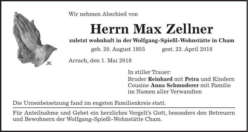 Traueranzeige Max Zellner